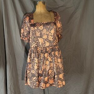 Square Neck Floral Mini Dress in Black and Peach with Voluminous Short Sleeves